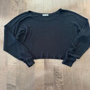 Joah Brown Slouchy Boxy Long Sleeve Waffle Knit Top Boho Lounge Black OS